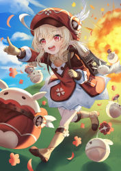 Rule 34 | 1girl, absurdres, ahoge, backpack, bad id, bad pixiv id, bag, bloomers, blue sky, bomb, boots, brown footwear, brown gloves, brown scarf, cabbie hat, cloud, cloudy sky, clover print, coat, commentary request, dodoco (genshin impact), explosion, explosive, eyes visible through hair, genshin impact, gloves, hat, hat feather, hat ornament, highres, horizon, jumpy dumpty, kinyouny, klee (genshin impact), knee boots, light brown hair, long hair, looking away, low twintails, pocket, pointing, pointy ears, randoseru, red coat, red eyes, running, scarf, sidelocks, sky, solo, twintails, underwear