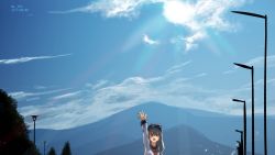 Rule 34 | 1girl, arm up, blue sky, cloud, dated, day, grey hair, hat, hibiki (kancolle), highres, kantai collection, lamppost, lens flare, looking at viewer, mountain, open mouth, road, sky, solo, street, sun, tree, twitter username, vi3r6ein, waving