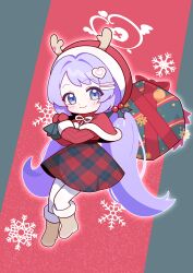 Rule 34 | 1girl, absurdres, antlers, blue archive, blue eyes, blush, boots, brown footwear, capelet, closed mouth, full body, halo, hanae (blue archive), hanae (christmas) (blue archive), highres, holding, holding sack, hood, hood up, hooded capelet, horns, jorang (jorang08), long hair, long sleeves, looking at viewer, mittens, official alternate costume, pantyhose, purple hair, red capelet, red mittens, red skirt, red sweater, reindeer antlers, sack, skirt, smile, snowflakes, solo, sweater, twintails, white pantyhose