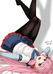 Rule 34 | absurdres, akashi (kancolle), artist name, black pantyhose, blue skirt, blunt tresses, breasts, commentary request, dated, green eyes, hair ribbon, hamukiyo, highres, kantai collection, legs up, long hair, long sleeves, looking at viewer, lying, medium breasts, on back, open mouth, pantyhose, pink hair, pleated skirt, red ribbon, ribbon, shirt, simple background, skirt, smile, tress ribbon, very long hair, white background, white shirt