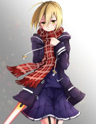 Rule 34 | 1girl, ahoge, artoria pendragon (all), artoria pendragon (fate), blonde hair, blush, coat, drawstring, fate/grand order, fate (series), highres, jacket, mysterious heroine x alter (fate), mysterious heroine x alter (first ascension) (fate), raidensan, saber (fate), scarf, short hair, skirt, smile, solo, sword, weapon, yellow eyes