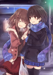 Rule 34 | 2girls, :d, ^ ^, bag, blue scarf, breath, brown eyes, brown hair, closed eyes, coat, cowboy shot, highres, holding hands, kyuri, legs together, long sleeves, multiple girls, open mouth, original, outdoors, plaid, plaid skirt, plastic bag, pleated skirt, revision, scarf, skirt, smile, snow, standing, thighhighs, yuri, zettai ryouiki