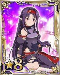 Rule 34 | 10s, 1girl, ahoge, arm support, armor, breastplate, card (medium), covered navel, detached sleeves, fingerless gloves, gloves, hairband, holding, holding hair, long hair, looking at viewer, pointy ears, purple armor, purple gloves, purple hair, red eyes, red hairband, sitting, smile, solo, star (symbol), sword art online, yuuki (sao)