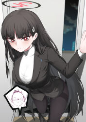 Rule 34 | 1girl, absurdres, black hair, black pantyhose, blue archive, doodle sensei (blue archive), formal, hair ornament, hairpin, halo, highres, looking at viewer, pantyhose, red eyes, rio (blue archive), school uniform, sensei (blue archive), suit, uniform, wo475712