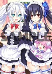 Rule 34 | 10s, 3girls, alternate costume, apron, bare shoulders, black hair, black heart (neptunia), blue eyes, breasts, bright pupils, center frills, character doll, chou megami shinkou noire gekishin black heart, cleavage, clothes lift, cowboy shot, d-pad, day, detached collar, dress, dress lift, dual persona, enmaided, female focus, frilled legwear, frills, garter straps, hair between eyes, hair ornament, highres, indoors, lifted by self, long hair, looking at viewer, maid, maid apron, maid headdress, multiple girls, neptune (neptunia), neptune (series), noire (neptunia), o o, official art, power symbol-shaped pupils, puffy sleeves, purple hair, red eyes, resized, ribbon, sample watermark, short hair, smile, standing, surprised, symbol-shaped pupils, thighhighs, tsunako, twintails, upscaled, very long hair, waifu2x, waist apron, watermark, white hair, white legwear