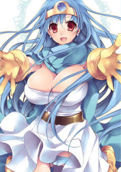 Rule 34 | 1girl, bad id, bad pixiv id, belt, blue hair, breasts, cape, chunsoft, cleavage, dragon quest, dragon quest iii, dress, earrings, enix, gloves, huge breasts, jewelry, kotoji, long hair, outstretched arms, panties, red eyes, sage (dq3), smile, solo, striped clothes, striped panties, underwear