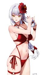 Rule 34 | 1girl, absurdres, bare arms, bare shoulders, bb aa, bikini, black survival, bracelet, braid, braided ponytail, breasts, cleavage, collarbone, eternal return: black survival, flower, hair flower, hair ornament, highres, holding, holding own hair, jewelry, large breasts, long hair, minami rio, navel, o-ring, o-ring bikini, official alternate costume, open mouth, red bikini, red flower, red nails, simple background, solo, stomach, swimsuit, thigh strap, tying hair, white background, white hair, yellow eyes