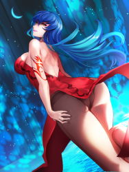 Rule 34 | 1girl, a-line, ass, bare shoulders, blue hair, breasts, dress, highres, large breasts, long hair, original, sideboob, smile, solo, yellow eyes