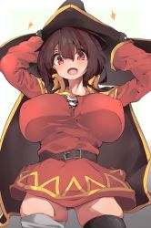 Rule 34 | 1girl, alternate breast size, bandages, black gloves, black thighhighs, breasts, brown hair, cape, gloves, hat, highres, huge breasts, kono subarashii sekai ni shukufuku wo!, looking at viewer, megumin, open mouth, red eyes, single thighhigh, skindentation, smile, solo, spy (user jxcc8553), thighhighs, tongue, witch hat