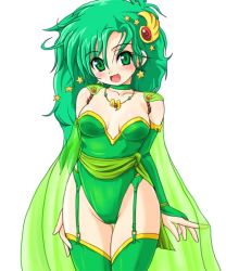 Rule 34 | 1990s (style), 1girl, :d, blush, breasts, bridal gauntlets, cape, choker, cleavage, earrings, final fantasy, final fantasy iv, garter belt, garter straps, green eyes, green hair, green thighhighs, hair ornament, head tilt, highleg, highleg leotard, jewelry, konpeto, leotard, long hair, looking at viewer, matching hair/eyes, necklace, open mouth, parted bangs, pointing, retro artstyle, rydia (ff4), sash, see-through, simple background, smile, solo, square enix, standing, star (symbol), thigh gap, thighhighs, thighs, wavy hair