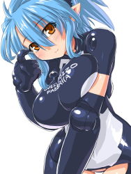 Rule 34 | 10s, 1girl, bad id, bad pixiv id, blue hair, breasts, brown eyes, busou shinki, dd (ijigendd), doll joints, elbow gloves, gloves, hip focus, joints, large breasts, long hair, looking at viewer, proxima, simple background, smile, solo, thigh gap, white background