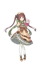 Rule 34 | 1girl, bow, brown eyes, brown hair, dress, envelope, full body, green scarf, hair bow, heart, highres, kisaragi (princess principal), letter, long hair, looking at viewer, official art, paintbrush, pantyhose, pensive, princess principal, princess principal game of mission, scarf, solo, standing, transparent background, twintails, white pantyhose, yellow dress, yellow footwear
