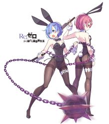 Rule 34 | 10s, 2girls, animal ears, ball and chain (weapon), blue eyes, blue hair, bow, bowtie, copyright name, detached collar, fake animal ears, flail, hair over one eye, huge weapon, knife, leotard, looking back, multiple girls, open mouth, pantyhose, playboy bunny, rabbit ears, rabbit tail, ram (re:zero), re:zero kara hajimeru isekai seikatsu, red eyes, red hair, rem (re:zero), sando (dukedevil), short hair, siblings, simple background, sisters, tail, thighband pantyhose, twins, weapon, white background, wrist cuffs