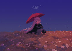 Rule 34 | 1girl, black dress, blue eyes, closed mouth, commentary request, crossed arms, dress, expressionless, full body, grass, highres, holding, holding umbrella, long hair, long sleeves, looking at viewer, original, outdoors, parasol, potg (piotegu), red umbrella, signature, silver hair, sitting, solo, umbrella