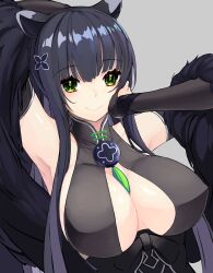 Rule 34 | 1girl, :d, animal ear fluff, animal ears, bare shoulders, black hair, blue archive, breasts, cleavage, dress, fur trim, green eyes, hair ornament, high ponytail, highres, large breasts, long hair, looking at viewer, open mouth, reibun (raven1119), shun (blue archive), smile, solo, upper body
