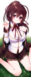 Rule 34 | 1girl, absurdres, ahoge, blazblue, blush, brown eyes, brown hair, cape, celica a. mercury, grass, hair ribbon, highres, hime gyo, looking at viewer, miniskirt, pleated skirt, ponytail, red eyes, red ribbon, ribbon, school uniform, simple background, sitting, skirt, smile, solo, wariza, white background