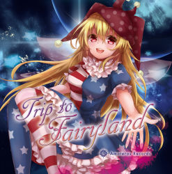 Rule 34 | 1girl, adapted costume, album cover, american flag dress, american flag legwear, artist request, blonde hair, clownpiece, collar, cover, dress, fairy wings, frilled collar, frilled shirt collar, frills, hat, highres, jester cap, looking at viewer, neck ruff, open mouth, outstretched arm, pantyhose, petticoat, polka dot, red eyes, solo, star (symbol), striped clothes, striped dress, striped pantyhose, teeth, touhou, wings