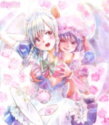 Rule 34 | 2girls, arms up, blush, bow, bra, braid, grabbing another&#039;s breast, breasts, cup, flower, grabbing, hat, izayoi sakuya, lingerie, maid, maid headdress, mayo riyo, multiple girls, naughty face, open clothes, open mouth, pink bra, purple hair, red eyes, remilia scarlet, saucer, teacup, touhou, tray, twin braids, underwear, undressing, white hair, wrist cuffs, yuri