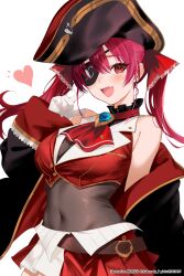 Rule 34 | 1girl, absurdres, arrow through heart, ascot, belt, black choker, black coat, black hat, blush, breasts, brown belt, choker, cleavage, coat, cropped jacket, eyepatch, fang, frilled choker, frills, gloves, hair ribbon, hat, heart, highres, hololive, houshou marine, houshou marine (1st costume), jacket, large breasts, leather belt, leotard, leotard under clothes, long hair, looking at viewer, miniskirt, pirate hat, red ascot, red coat, red eyes, red jacket, red ribbon, red skirt, ribbon, sakurada nana, skin fang, skirt, sleeveless, sleeveless jacket, smile, solo, twintails, two-sided coat, two-sided fabric, virtual youtuber, white gloves