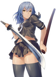 Rule 34 | 1girl, black skirt, black thighhighs, blue hair, breasts, commentary request, foreshortening, hair between eyes, holding, holding sword, holding weapon, katana, looking at viewer, original, sajittari, school uniform, sheath, short hair, short sleeves, simple background, skirt, small breasts, solo, sword, thighhighs, weapon, white background, white neckwear, yellow eyes, zettai ryouiki