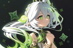 Rule 34 | 1girl, bare shoulders, black background, bracelet, cape, closed mouth, commentary request, cross-shaped pupils, detached sleeves, dress, fingernails, floating hair, genshin impact, gradient hair, green cape, green eyes, green hair, grey hair, hair between eyes, hair ornament, hands up, hara (xper8243), highres, interlocked fingers, jewelry, leaf hair ornament, long hair, looking afar, looking ahead, multicolored hair, nahida (genshin impact), own hands together, pointy ears, side ponytail, sidelocks, sleeveless, sleeveless dress, smile, solo, symbol-shaped pupils, upper body, white dress