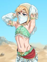 Rule 34 | 1boy, androgynous, arabian clothes, armlet, armpits, arms up, blonde hair, blue eyes, blue sky, bridal gauntlets, circlet, cowboy shot, crossdressing, desert, detached sleeves, forehead jewel, gerudo set (zelda), halterneck, highres, jewelry, lens flare, link, looking to the side, medium hair, midriff, nagiichi, navel, nintendo, outdoors, sand, shiny clothes, shiny skin, sky, solo, the legend of zelda, the legend of zelda: breath of the wild, toned, toned male, trap, veil