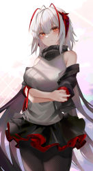 Rule 34 | 1girl, arknights, arms under breasts, bare shoulders, black gloves, black jacket, black pantyhose, black skirt, blouse, breasts, cowboy shot, crossed arms, gloves, grey shirt, highres, horns, jacket, long hair, looking at viewer, open clothes, open jacket, pantyhose, red eyes, ru zhai, scarf, shirt, silver hair, simple background, skirt, sleeveless, sleeveless shirt, smile, solo, w (arknights), white background