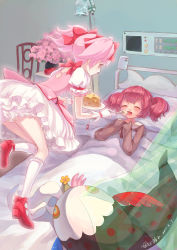 Rule 34 | 10s, 2girls, bed, charlotte (madoka magica), cheese, face, feeding, food, hair ribbon, hospital bed, intravenous drip, kaname madoka, kyubey, magical girl, mahou shoujo madoka magica, mahou shoujo madoka magica (anime), multiple girls, personification, pink eyes, pink hair, ribbon, sanmi tenten, smile, twintails, when you see it