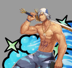 Rule 34 | 1boy, abs, bara, biceps, bracelet, brown eyes, dungeon and fighter, facial hair, gun, jewelry, jin (sirius-j), large pectorals, looking at viewer, male focus, manly, mature male, muscular, muscular male, navel, nipples, old, old man, over shoulder, pants, pectorals, scar, scar on arm, scar on chest, smirk, solo, spiked hair, star (symbol), stomach tattoo, stubble, sword, tattoo, topless male, weapon, weapon over shoulder, white hair