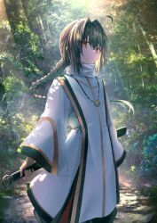 Rule 34 | 1other, absurdres, ahoge, black hair, braid, brown eyes, fate/samurai remnant, fate (series), forest, highres, holding, holding sword, holding weapon, jewelry, kaze minoru so-ru, long hair, nature, pendant, sheath, sheathed, sword, weapon, weapon on back, wide sleeves, yamato takeru (fate)