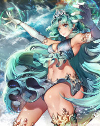 Rule 34 | 1girl, aqua theme, armlet, blue eyes, breasts, caesty, character request, elbow gloves, gloves, green hair, lips, long hair, magic, midriff, navel, nose, sideboob, skirt, smile, solo, tenkuu no crystalia, tiara, very long hair, water, waves, white gloves