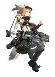 Rule 34 | 1girl, animal ears, black footwear, black jacket, blonde hair, body fur, boots, clothes around waist, denim, denim jacket, female focus, fox ears, fox tail, full body, furry, furry female, gas mask, goggles, goggles on head, gun, highres, i am a spacebar, jacket, jacket around waist, mask, mask around neck, original, red eyes, rifle, scope, simple background, sniper rifle, solo, tail, weapon, white background