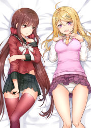 Rule 34 | 2girls, ahoge, akamatsu kaede, beamed eighth notes, black sailor collar, black skirt, blonde hair, bow, breast envy, breasts, brown hair, closed mouth, clothes lift, danganronpa: trigger happy havoc, danganronpa (series), danganronpa v3: killing harmony, eighth note, fortissimo, frown, hair between eyes, hair ornament, harukawa maki, highres, long hair, long sleeves, looking at another, low twintails, lying, medium breasts, miniskirt, mole, mole under eye, multiple girls, musical note, musical note hair ornament, musical note print, necktie, off shoulder, on back, open mouth, orange neckwear, panties, pantyshot, pleated skirt, purple eyes, purple skirt, red eyes, red legwear, red scrunchie, red shirt, sailor collar, school uniform, scrunchie, serafuku, shirt, sidelocks, single bare shoulder, skirt, skirt lift, skirt tug, smile, smug, sunhyun, sweater vest, tears, thighhighs, twintails, underwear, very long hair, white bow, white panties, white shirt