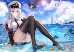 Rule 34 | 1girl, absurdres, animal, arm support, ass, azur lane, bare shoulders, bird, black jacket, black necktie, black skirt, black thighhighs, blue sky, breasts, closed mouth, cloud, cloudy sky, collared shirt, crotch seam, day, eagle, enterprise (azur lane), expressionless, feet, fish, hand up, hat, highres, jacket, knees up, large breasts, lens flare, lighthouse, long hair, long sleeves, looking at viewer, military, military hat, military uniform, miniskirt, necktie, no shoes, off shoulder, outdoors, panties, peaked cap, pleated skirt, purple eyes, rainbow, shanguier, shirt, sidelocks, silver hair, skirt, sky, sleeveless, sleeveless shirt, solo, starfish, sun, sunlight, thighhighs, thighs, underwear, uniform, water, wet, wet clothes, white panties, white shirt