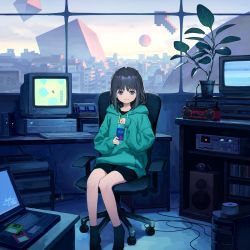Rule 34 | 1girl, arrow (symbol), black hair, blue eyes, bottle, chair, cityscape, commentary request, commodore amiga, computer, crt, cube, desk, extension cord, facing viewer, fiji water, floppy disk, flower pot, green hoodie, headphones, highres, holding, hood, hood down, hoodie, indoors, keyboard (computer), laptop, looking at viewer, mouse cursor, cursor, office chair, original, pixelated, plant, potted plant, radio, retro artstyle, router, sho (sho lwlw), short shorts, shorts, sitting, smile, solo, speaker, stereo, swivel chair, water bottle, window