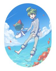 Rule 34 | 1boy, barefoot, buttons, cloud, commentary request, creatures (company), da (xjj 5), day, flower, game freak, gen 3 pokemon, green hair, long sleeves, nintendo, open mouth, outdoors, pants, petals, pokemon, pokemon (creature), pokemon oras, ralts, red flower, shirt, sky, sleeves past wrists, teeth, toes, tongue, wally (pokemon), water, white shirt