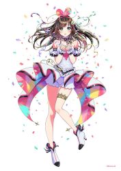 Rule 34 | 1girl, ankle boots, bare legs, bare shoulders, blush, boots, brown hair, character name, collarbone, commentary request, confetti, copyright name, detached sleeves, full body, hairband, heart, high heel boots, high heels, jewelry, kizuna ai, kizuna ai (anniversary), kizuna ai inc., long hair, looking at viewer, morikura en, multicolored hair, neck garter, official art, own hands together, panties, pink hair, pink hairband, ring, short sleeves, shorts, simple background, smile, solo, straight-on, strapless, streaked hair, swept bangs, thigh gap, thighlet, underwear, virtual youtuber, waist cape, white background, white footwear, white shorts, wrist cuffs