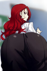 Rule 34 | 1girl, angry, ass, ass focus, atlus, bent over, blouse, close-up, from behind, hip focus, huge ass, kirijou mitsuru, long hair, looking at viewer, looking back, michael f91, open mouth, persona, persona 3, red eyes, red hair, shirt, skirt, solo, wavy hair, white shirt, wide hips