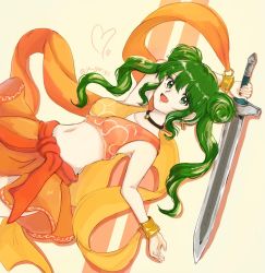 Rule 34 | 1girl, bracelet, dancer, double bun, earrings, fire emblem, fire emblem: genealogy of the holy war, fire emblem heroes, green eyes, green hair, hair bun, holding, holding weapon, jewelry, long hair, midriff, necklace, nintendo, open mouth, silvia (fire emblem), skirt, smile, solo, sword, twintails, weapon