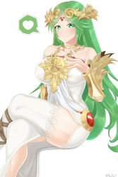 Rule 34 | absurdres, ancient greek clothes, arcedo, armlet, blush, breasts, chiton, crossed legs, dress, forehead jewel, gold, green eyes, green hair, highres, jewelry, kid icarus, kid icarus uprising, large breasts, laurel crown, long dress, long hair, neck ring, nintendo, palutena, panties, parted bangs, pendant, shorts, side slit, single thighhigh, sitting, strapless, strapless dress, thighhighs, underwear, vambraces, very long hair, white dress, white legwear