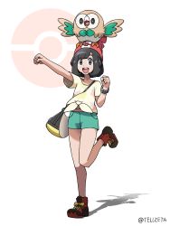 Rule 34 | 1girl, :d, absurdres, artist name, beanie, black hair, boots, clenched hands, collarbone, commentary request, creatures (company), eyelashes, game freak, gen 7 pokemon, green shorts, grey eyes, hat, highres, leg up, nintendo, on head, open mouth, outstretched arm, poke ball symbol, pokemon, pokemon (creature), pokemon on head, pokemon sm, red headwear, rowlet, selene (pokemon), shirt, short hair, short shorts, short sleeves, shorts, smile, standing, standing on one leg, teeth, tellzeta, tied shirt, tongue, upper teeth only, yellow shirt