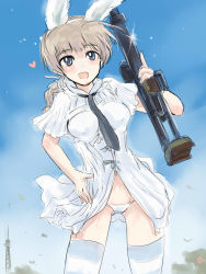 Rule 34 | 1girl, animal ears, blonde hair, blue eyes, blush stickers, braid, gun, heart, highres, lynette bishop, mishiro shinza, necktie, open mouth, panties, rabbit ears, rifle, single braid, solo, strike witches, striped clothes, striped thighhighs, thighhighs, underwear, weapon, white panties, world witches series