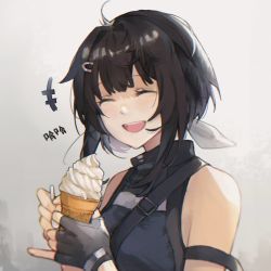 Rule 34 | +++, 1girl, :d, arknights, bare shoulders, black gloves, black hair, blush, breasts, closed eyes, commentary, facing viewer, fingerless gloves, food, gloves, hair ornament, hairclip, highres, holding, holding food, holding spoon, ice cream, ice cream cone, la pluma (arknights), laughing, medium breasts, open mouth, sachimint, short hair, sleeveless, smile, soft serve, solo, spoon, teeth, translation request, upper teeth only