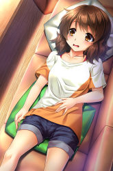 Rule 34 | 10s, 1girl, bad id, bad pixiv id, brown eyes, brown hair, casual, couch, denim, denim shorts, floor, from above, hand on own stomach, hibike! euphonium, lying, noshimasa, open mouth, oumae kumiko, pillow, shirt, short hair, shorts, solo, t-shirt, table, wavy mouth