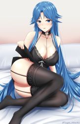 Rule 34 | 1girl, absurdres, artist name, azur lane, babydoll, black babydoll, black thighhighs, blue eyes, blue hair, breasts, cleavage, detached collar, garter straps, highres, lace trim, large breasts, light blush, long hair, looking at viewer, official alternate costume, on bed, skindentation, sleepwear, solo, sovetskaya belorussiya (azur lane), sovetskaya belorussiya (relaxation stratagem) (azur lane), thick thighs, thighhighs, thighs, togare, very long hair