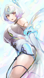 Rule 34 | 1girl, absurdres, ahoge, bob cut, bodysuit, breasts, brown eyes, clothing cutout, collar, commentary request, fire emblem, fire emblem heroes, green hair, grey bodysuit, grey hair, hair intakes, hair ornament, highres, ikura (downdexp), large breasts, looking at viewer, multicolored hair, nintendo, pelvic curtain, purple hair, see-through, seidr (fire emblem), shawl, short hair, shoulder cutout, skindentation, smile, solo, thighs