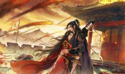 Rule 34 | 1boy, 1girl, absurdres, black hair, blood, bloody weapon, cai lin (doupo cangqiong), crack, cracked wall, doupo cangqiong, dress, fiery background, fire, flag, greatsword, hair ornament, highres, hug, long hair, pointy ears, ponytail, red dress, san a en, shield, sword, war, weapon, xiao yan (doupo cangqiong)