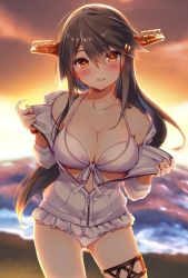 Rule 34 | 1girl, :d, backlighting, bare shoulders, beach, bikini, black hair, blush, breasts, brown eyes, cleavage, collarbone, cowboy shot, hair between eyes, hair ornament, hairband, hairclip, haruna (kancolle), headgear, highres, kantai collection, large breasts, long hair, looking at viewer, official alternate costume, open mouth, outdoors, partially unzipped, smile, solo, sunset, swimsuit, thigh strap, tsukui kachou, undressing, white bikini