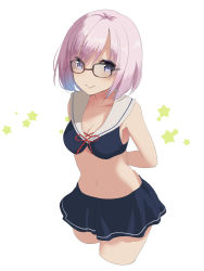 Rule 34 | 1girl, alternate costume, bikini, blush, breasts, cleavage, cowboy shot, fate/grand order, fate (series), glasses, hair over one eye, looking at viewer, mash kyrielight, naruse chisato, navel, purple eyes, purple hair, sailor bikini, sailor collar, short hair, smile, solo, star (symbol), swimsuit, white background