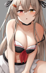 Rule 34 | 1girl, bikini, black bikini, blush, breasts, brown eyes, cleavage, collarbone, grey background, hair between eyes, hair ornament, hairclip, heterochromia, highres, kantai collection, large breasts, light brown hair, long hair, looking at viewer, mizushina minato, murasame (kancolle), murasame kai ni (kancolle), navel, open mouth, red eyes, simple background, solo, swimsuit, two side up